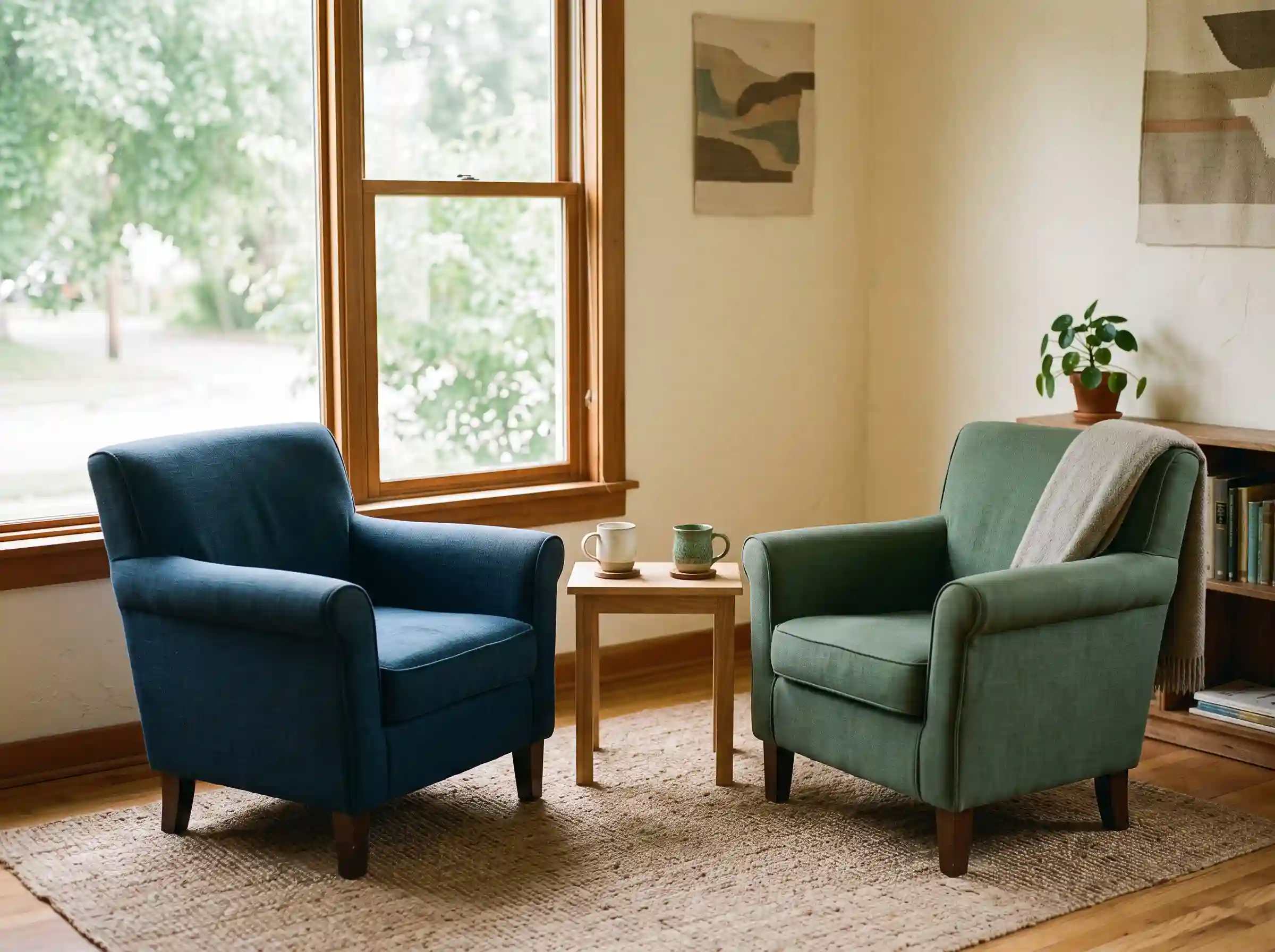 Two armchairs facing each other in an HFGC counseling office, set up for a private treatment session