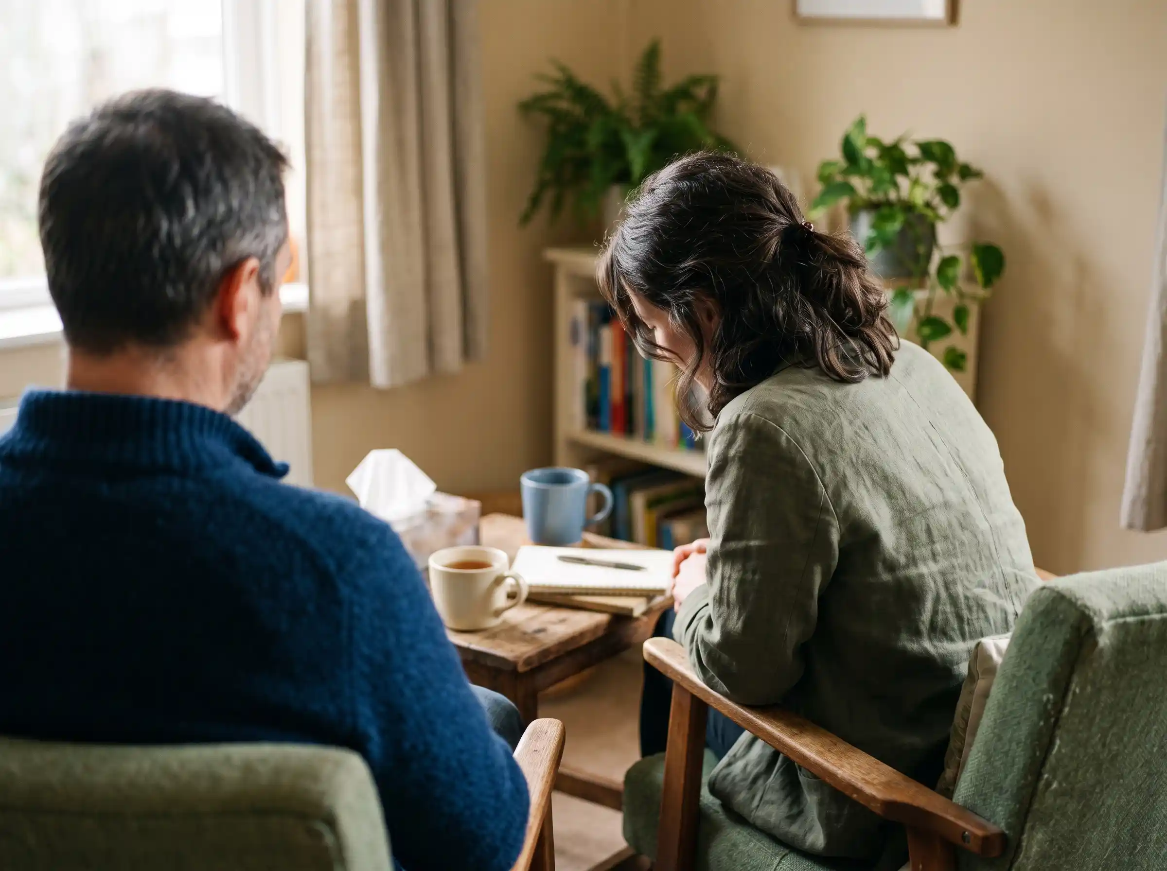 A client and counselor seated across from each other during an individual outpatient counseling session