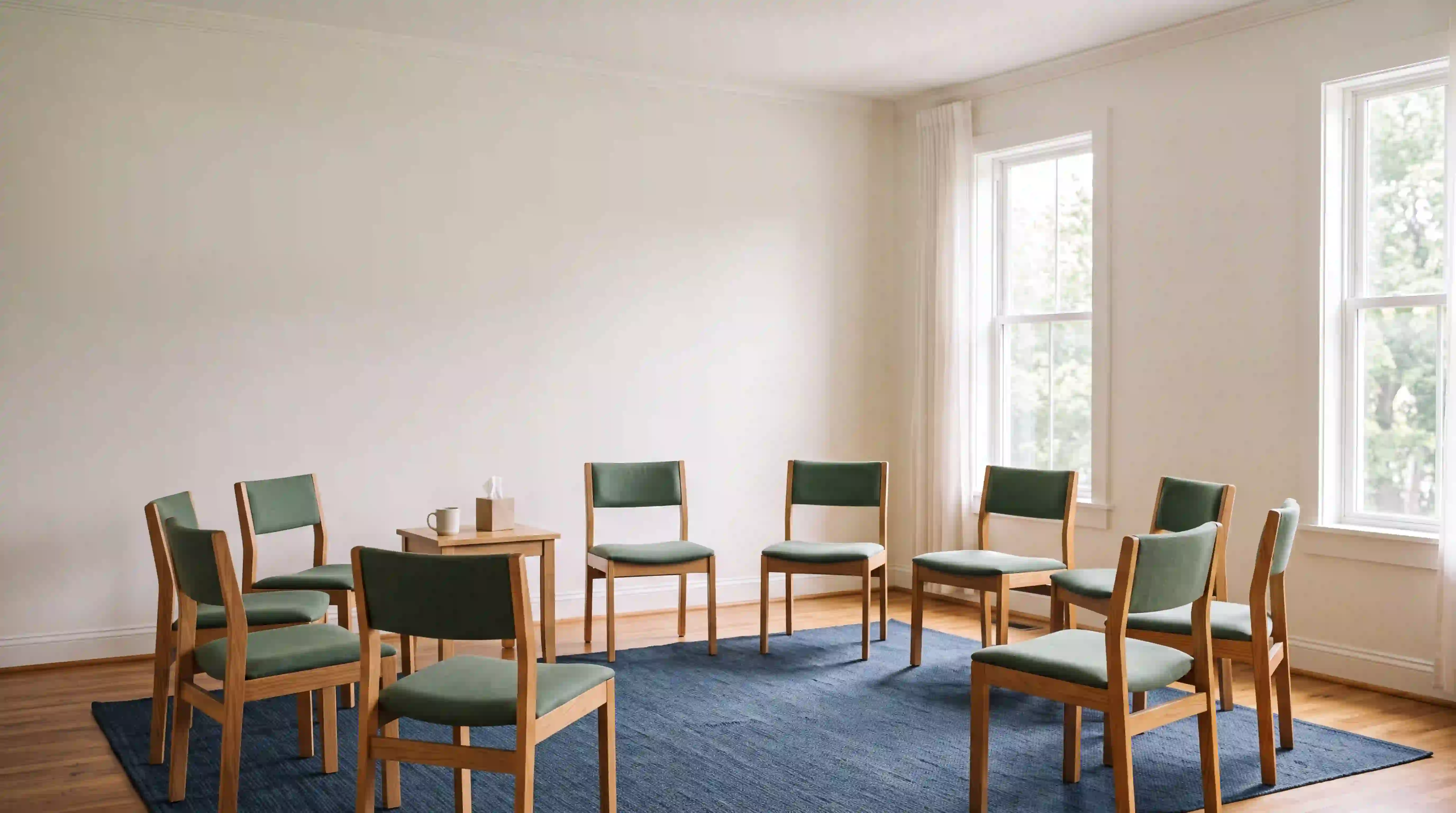 A bright, empty meeting room with chairs arranged in a circle, ready for group counseling at HFGC