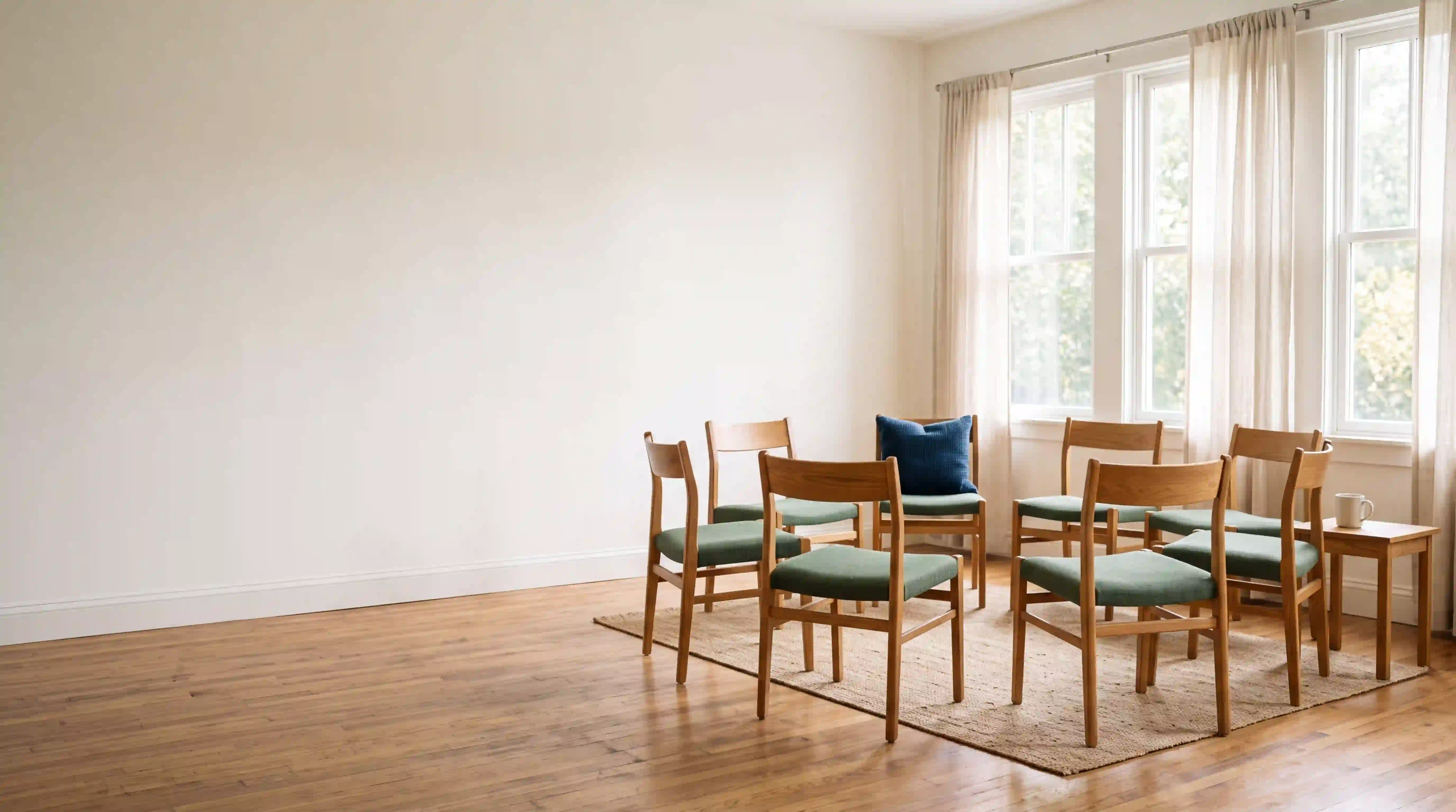 Sunlit group room with chairs arranged for a counseling session at HFGC Recovery Network's Augusta office