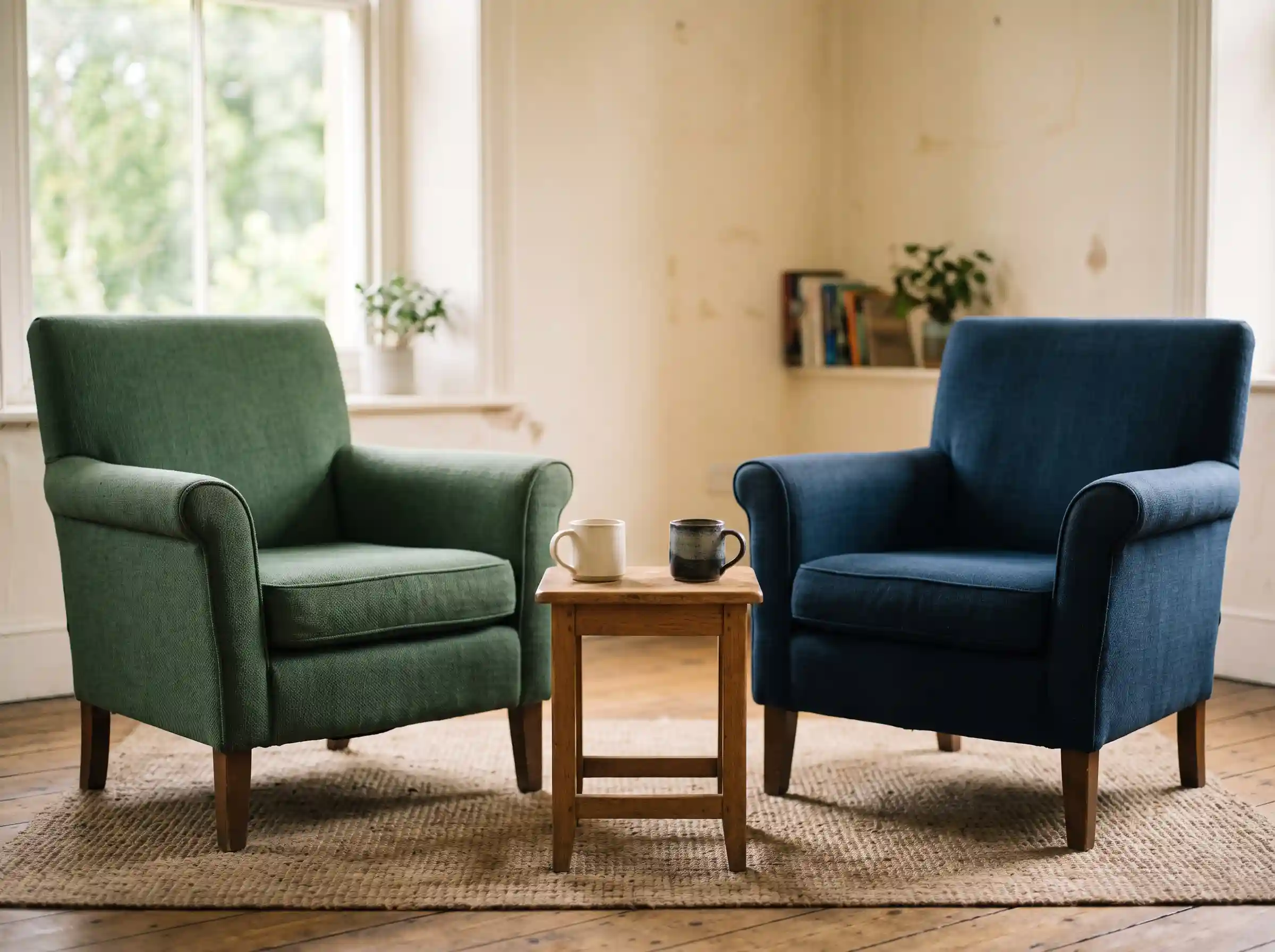A bright, welcoming room with two armchairs where HFGC clients meet one-on-one with their counselor