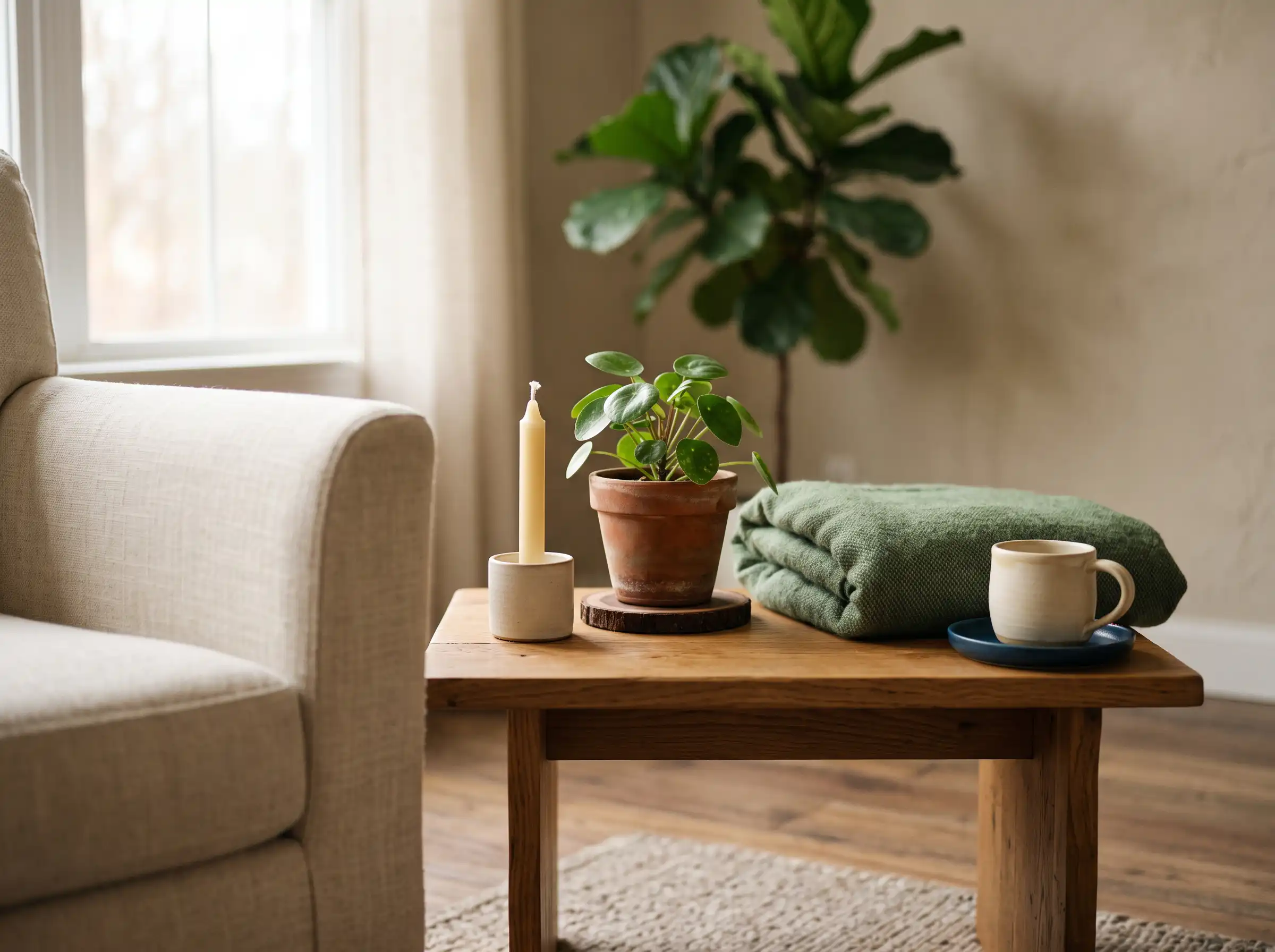 A calm corner of HFGC's treatment space with a candle, plant, and folded blanket, reflecting the holistic approach to care