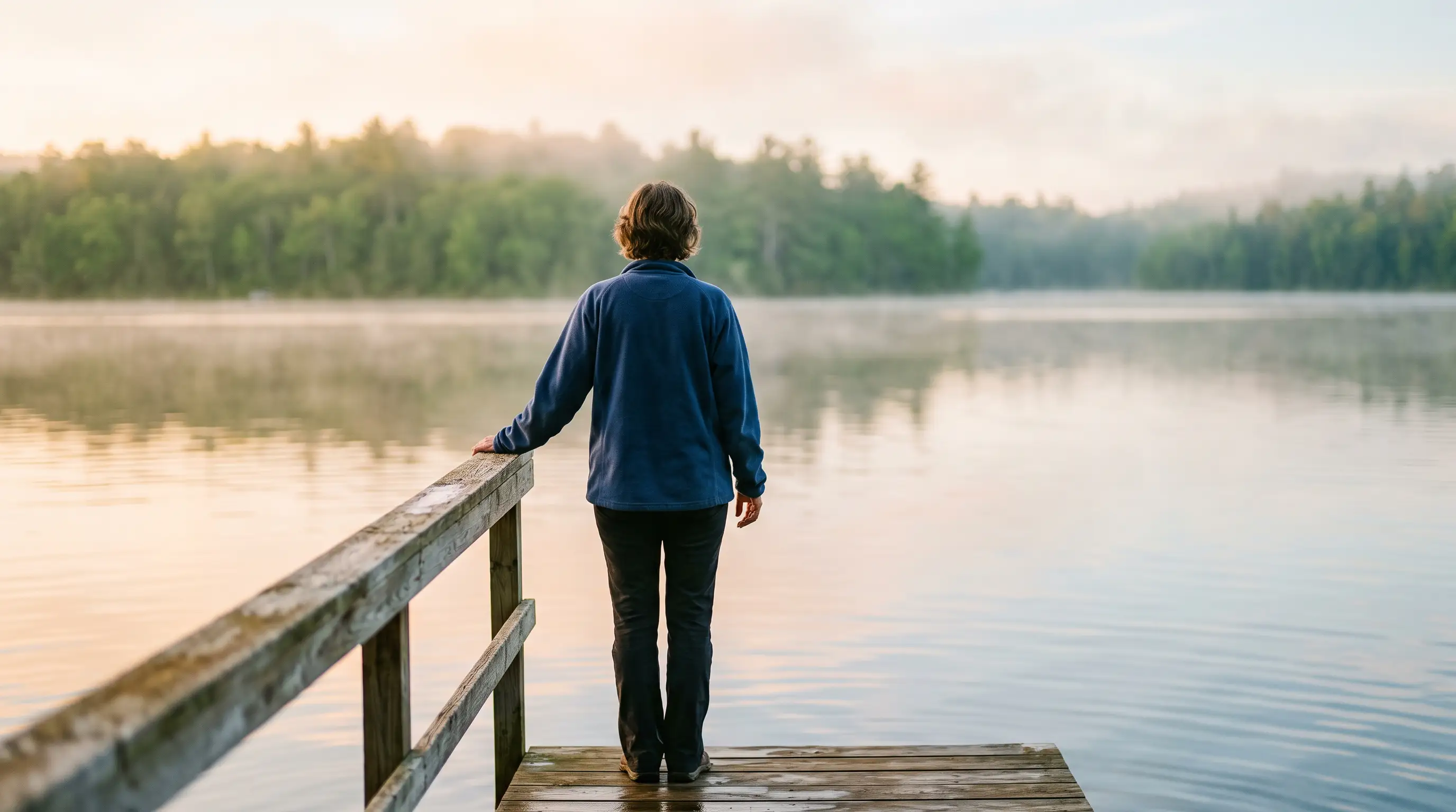 A woman stands at the end of a dock looking out over a calm Maine lake at sunrise, a quiet moment of reflection in recovery