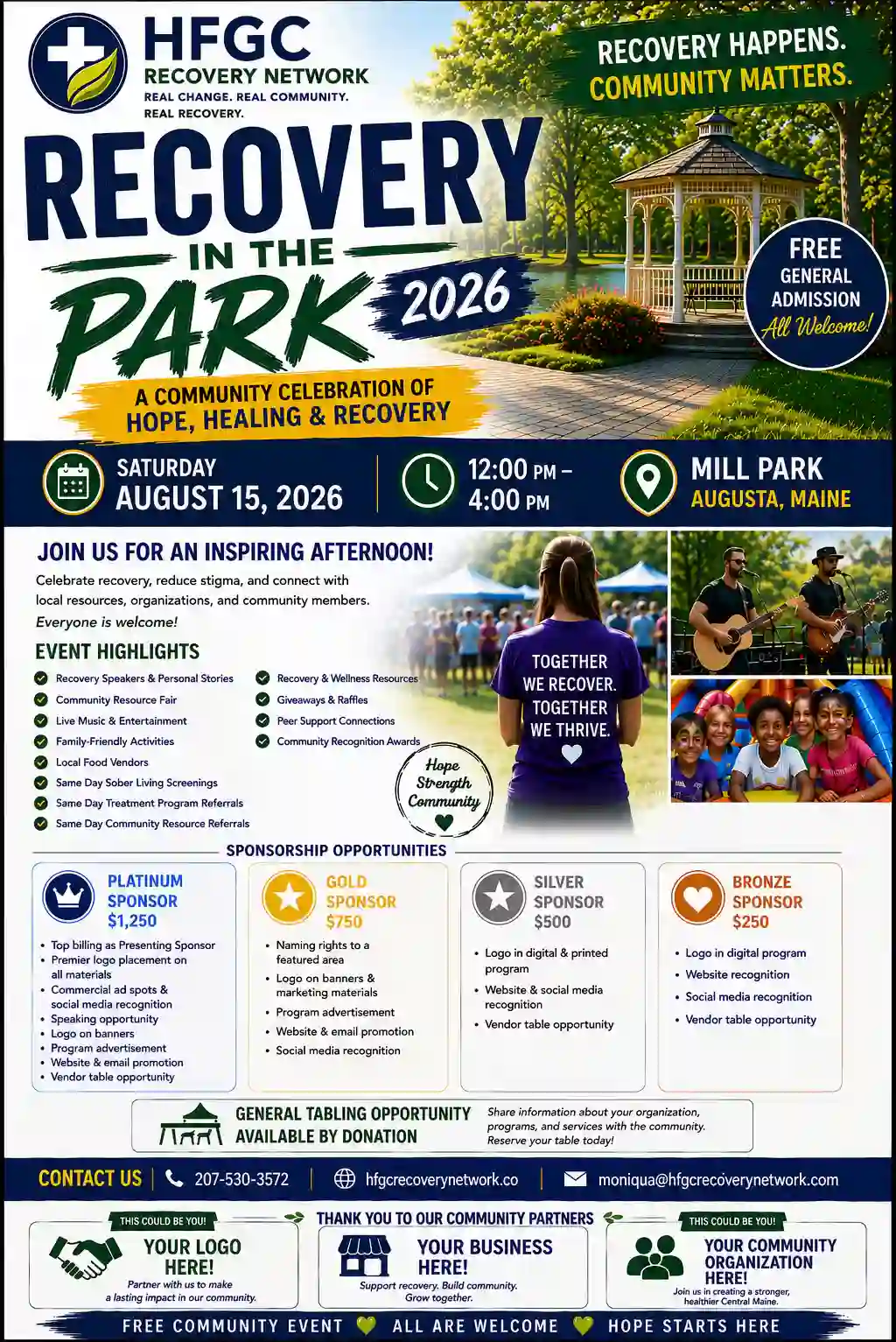 HFGC Recovery Network's Recovery in the Park 2026 event flyer, with the schedule, event highlights, and sponsorship opportunities